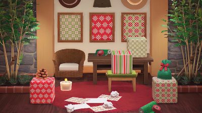 Animal Crossing: Happy Home Helpers No. 4 – Festive Red Collection ❄️ Wrap up some presents and hang items on the wall with these custom codes!