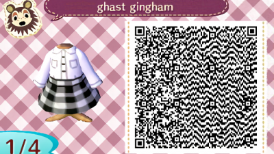 ACNH QR Here’s a white button up shirt paired with a black & white gingham print skirt with or without an orange crossbody bag. Enjoy! 🧡🖤