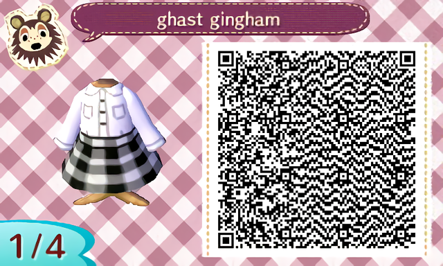ACNH QR Here’s a white button up shirt paired with a black & white gingham print skirt with or without an orange crossbody bag. Enjoy! ??