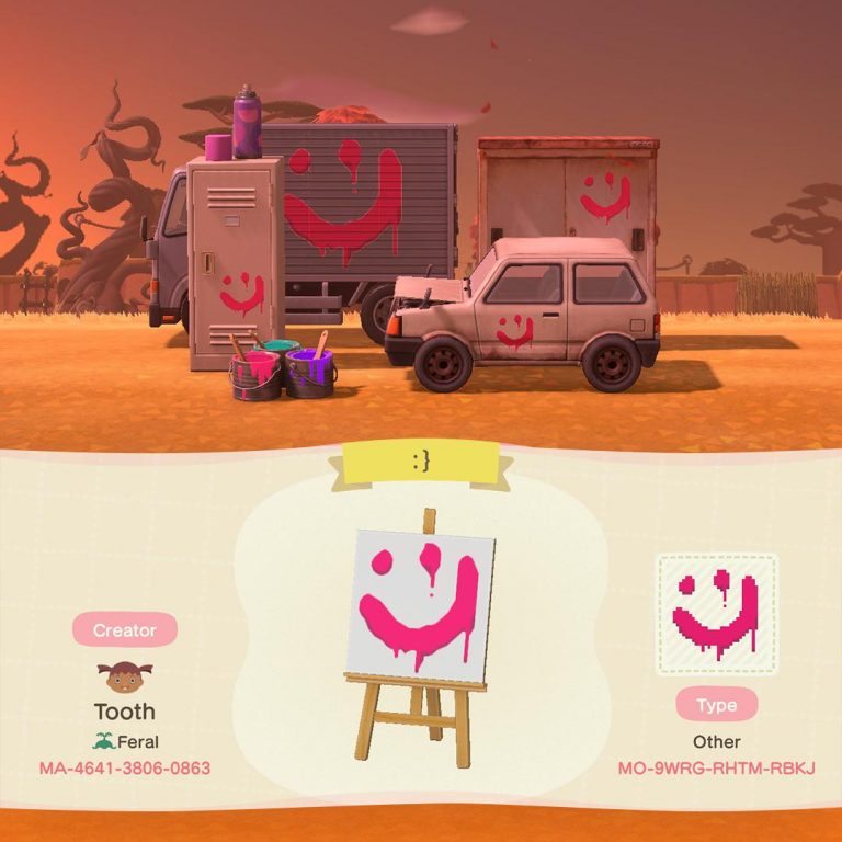 Animal Crossing: Drippy hot pink smiley ?? matches paint cans + spray can (w/ sable pattern)