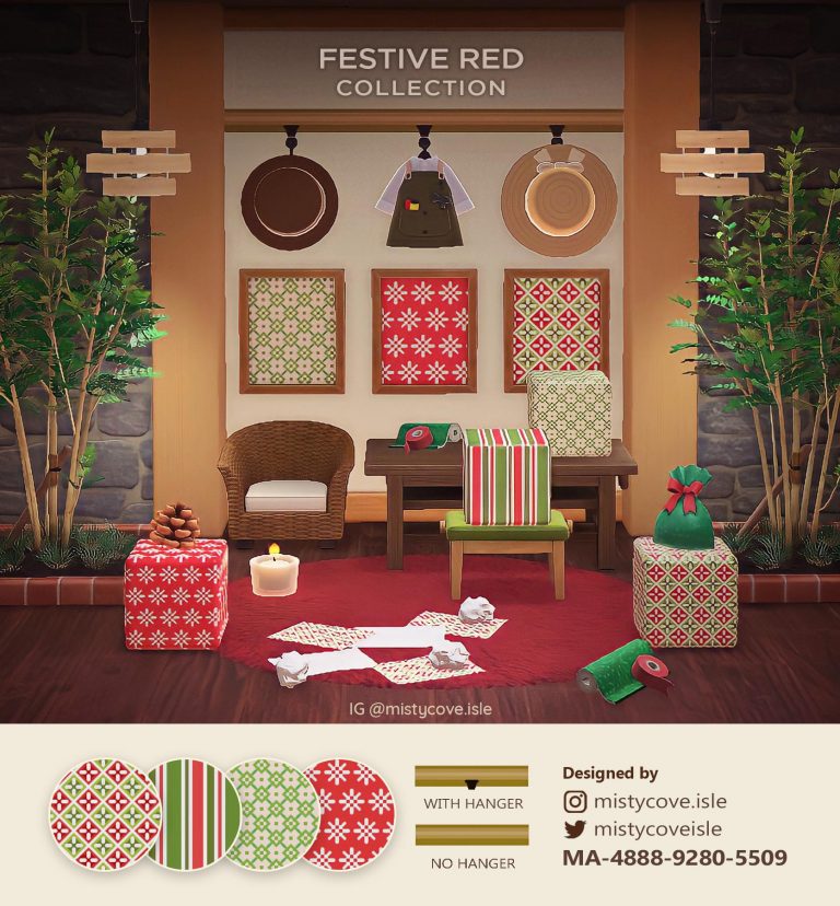 Animal Crossing: Happy Home Helpers No. 4 – Festive Red Collection ❄️ Wrap up some presents and hang items on the wall with these custom codes!