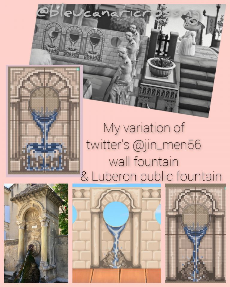 Animal Crossing: I created a standee fountain based on one from Luberon, and a wall fountain variation of the gorgeous one made by twitter@jin_men56. Ables is full, so here are my pixel designs. Please tag me if you use this (would love to see) and give credit back to the original artist?