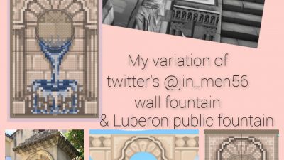 Animal Crossing: I created a standee fountain based on one from Luberon, and a wall fountain variation of the gorgeous one made by twitter@jin_men56. Ables is full, so here are my pixel designs. Please tag me if you use this (would love to see) and give credit back to the original artist😊