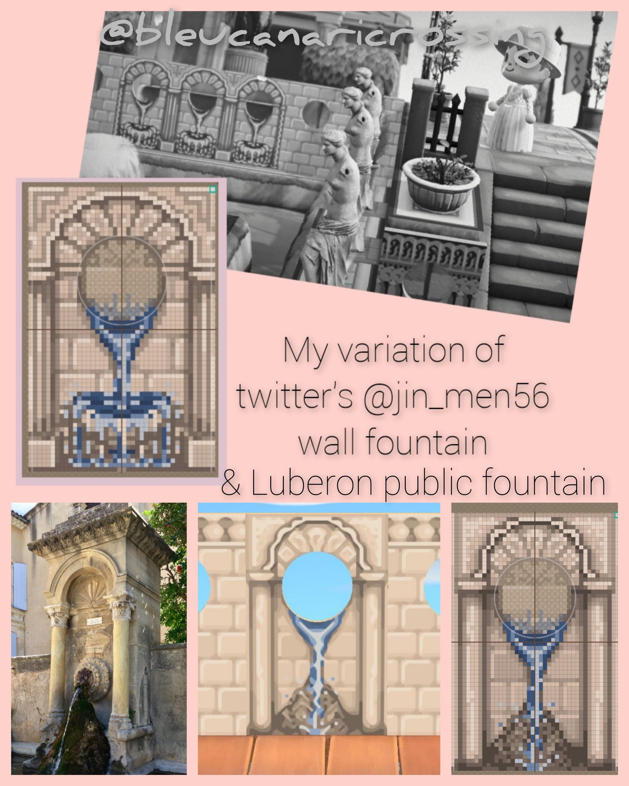 I created a standee fountain based on one from Luberon, and a wall fountain variation of the gorgeous one made by twitter@jin_men56. Ables is full, so here are my pixel designs. Please tag me if you use this (would love to see) and give credit back to the original artist?