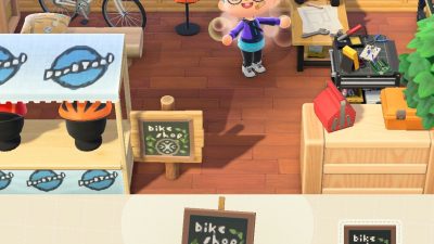 Animal Crossing: I made a little bike shop! Tool and wheel designs are uploaded to my creator code.