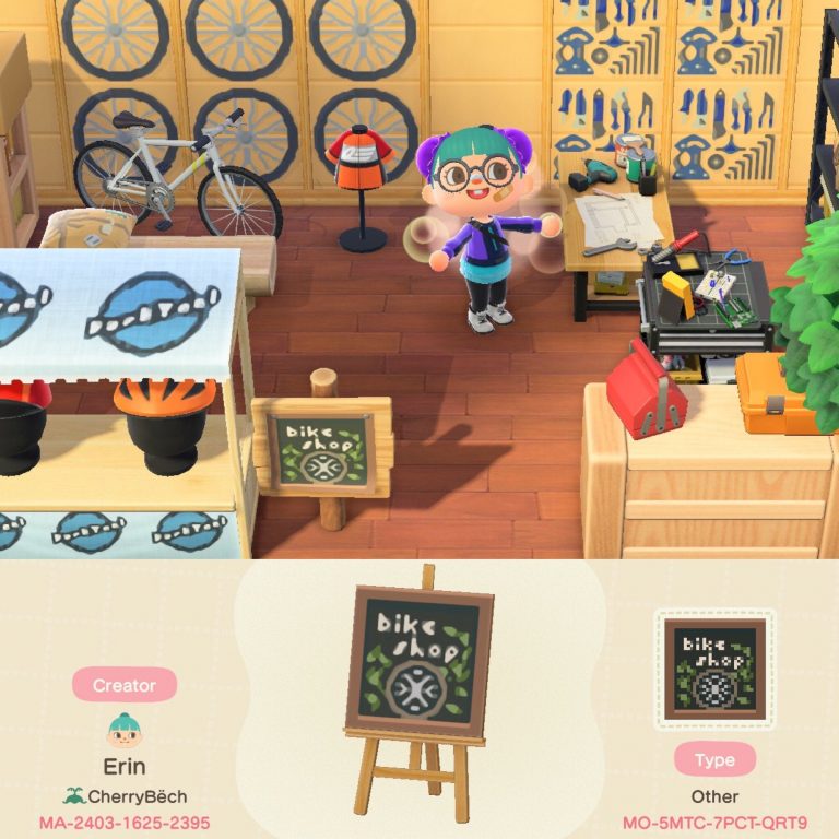 Animal Crossing: I made a little bike shop! Tool and wheel designs are uploaded to my creator code.