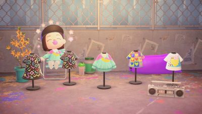 Animal Crossing: *MA-2161-1740-9588* 🏷️ short-sleeve dress, short-sleeve shirt, colorful, spring, summer, kidcore, rainbow, pastel, pink, blue, green, yellow, fruit, banana, hearts, rainbow, 80s, nostalgic, retro Instagram @/monicabuilds