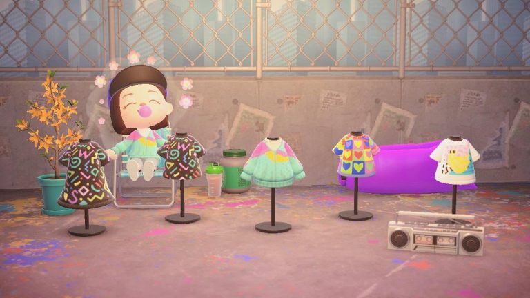 Animal Crossing: *MA-2161-1740-9588* ?️ short-sleeve dress, short-sleeve shirt, colorful, spring, summer, kidcore, rainbow, pastel, pink, blue, green, yellow, fruit, banana, hearts, rainbow, 80s, nostalgic, retro Instagram @/monicabuilds