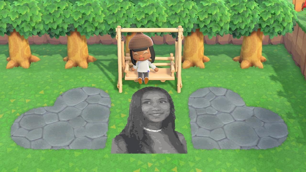 i put a photo of myself on my island! im really happy with how it came out (: